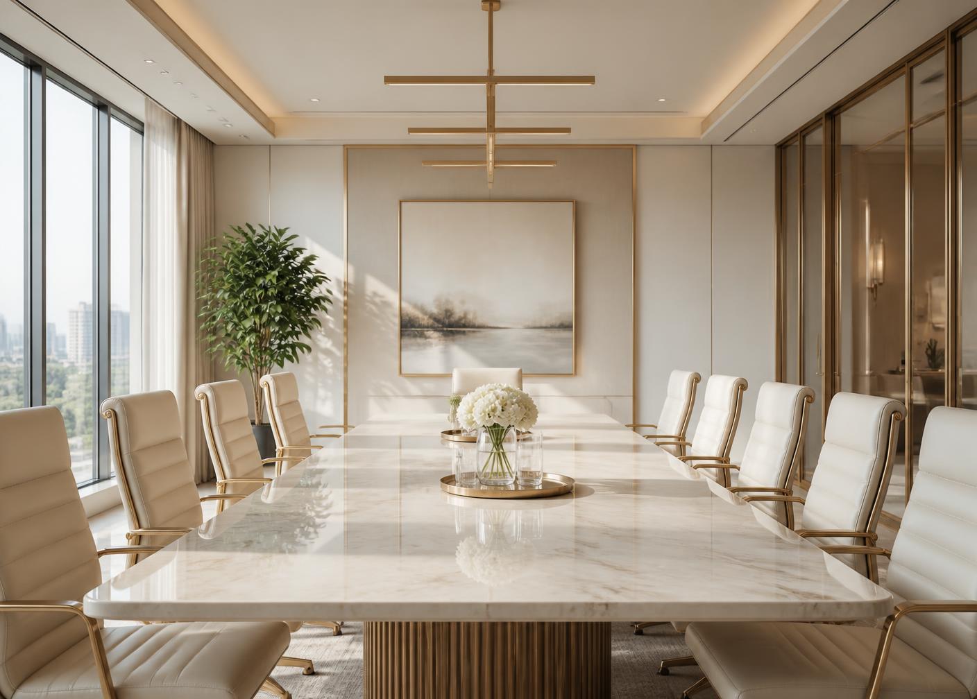Sunlit modern boardroom with warm natural light