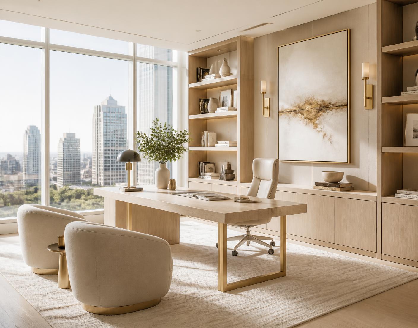 Sunlit modern executive office with city view
